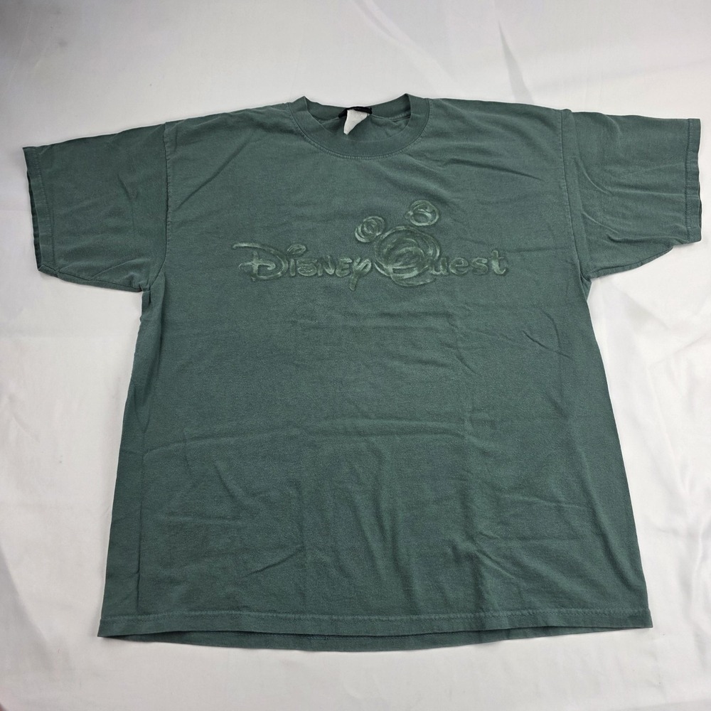 DisneyQuest Shirt Mens XL Green Embossed Mickey Logo Disney Parks Graphic Tee